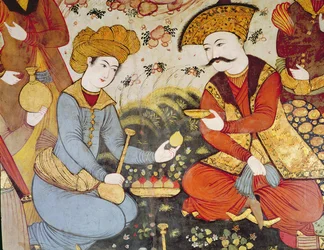 Shah Abbas I and a Courtier offering fruit and drink (detail)